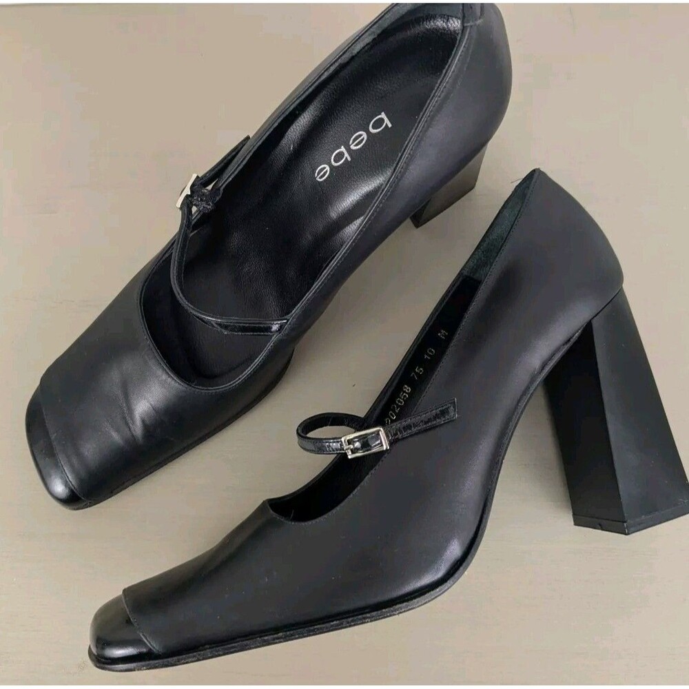 Y2K Bebe Square Toe Mary Jane Heels Black Leather Pumps Chunky Witchy Goth Sz 10